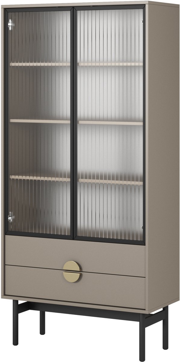 Selsey Stoon II – Vitrinekast met 3 planken en 2 lades, steengrijs, 85 cm