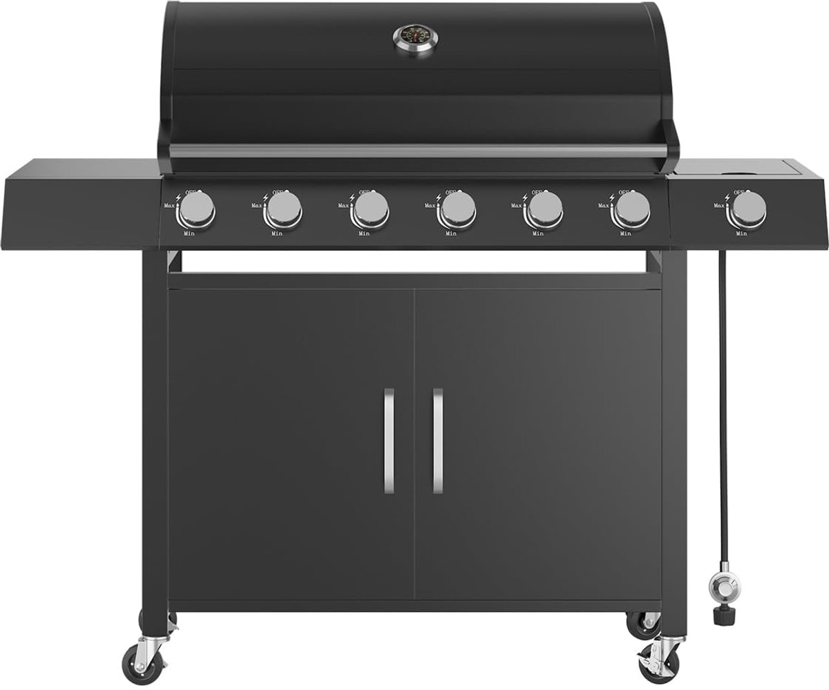Gasbarbecue met 7 Branders - Buiten Grill met Zijbrander, Thermometer en Opbergkast, Propaan Barbecue met 6 Hoofdbranders plus 1 Zijbrander, Zwart RVS