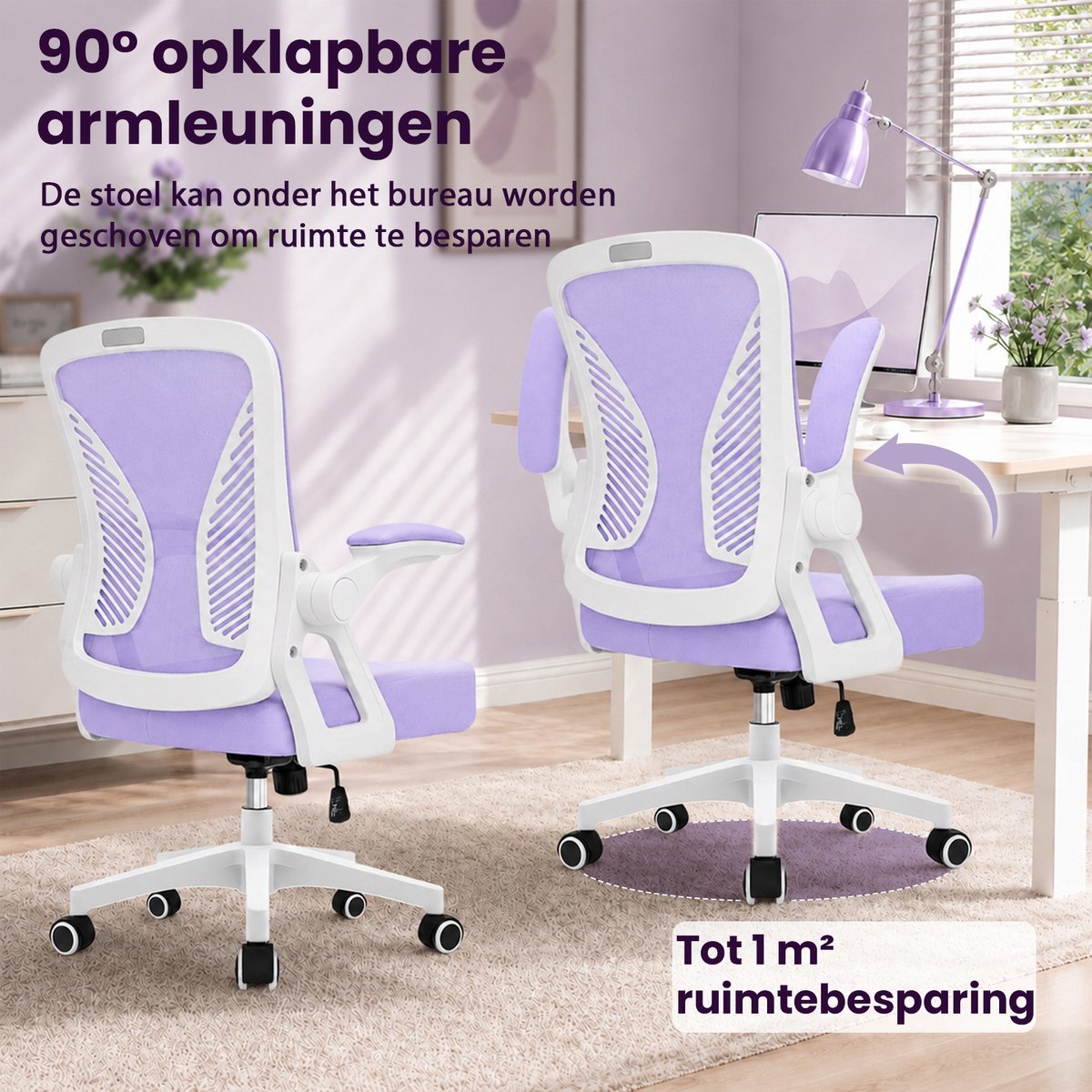 Milacyee Bureaustoel - Ergonomische Bureaustoel – Verstelbare Gaming/Computerstoel met Mesh Rug & Lendensteun – 90° Opklapbare Armleuningen – Directiestoel met Stille Wieltjes – Tot 102 kg Belasting - Paars - Geschikt voor thuiswerk en kantoor – foto 4