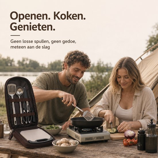 Kampeerservies Set 8-Delig - Lichtgewicht RVS Kookset voor 2-3 Personen - Outdoor Picknick, Glamping & BBQ - Compact Opbergtas - Bruin — afbeelding 5