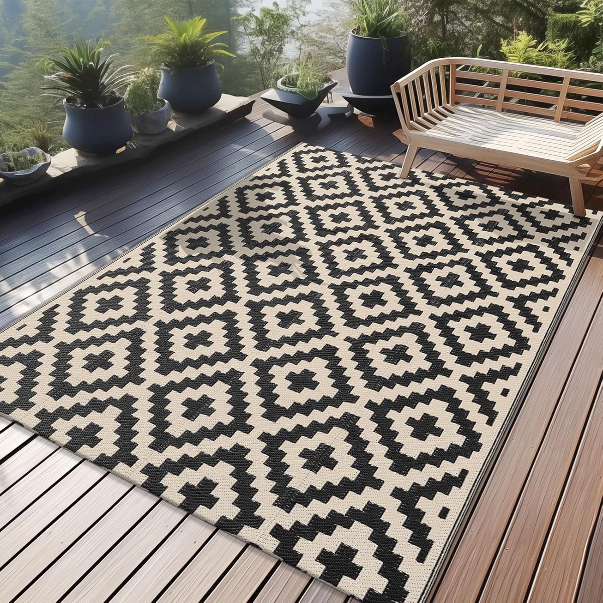 Outdoor tapijt, weerbestendig, kunststof, stro, uv-bestendig, omkeerbaar, opvouwbaar, wasbaar, voor balkon, tuin, terras, camping, picknick, 120 x 180 cm, zwart en beige
