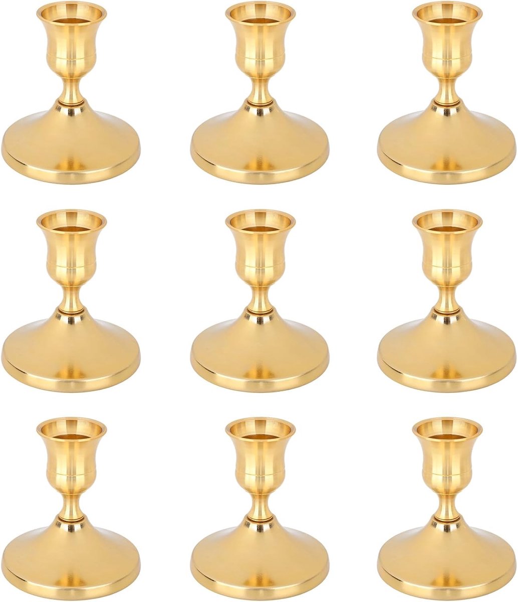 9st Set van Vintage Messing Gouden Taps Toelopende Kaarsenhouders, Metalen Korte Kandelaars voor Eettafelmiddenstukken Bruiloftsdecoratie Schoorsteenmanteldisplay en Feestelijke Huisdecoratie