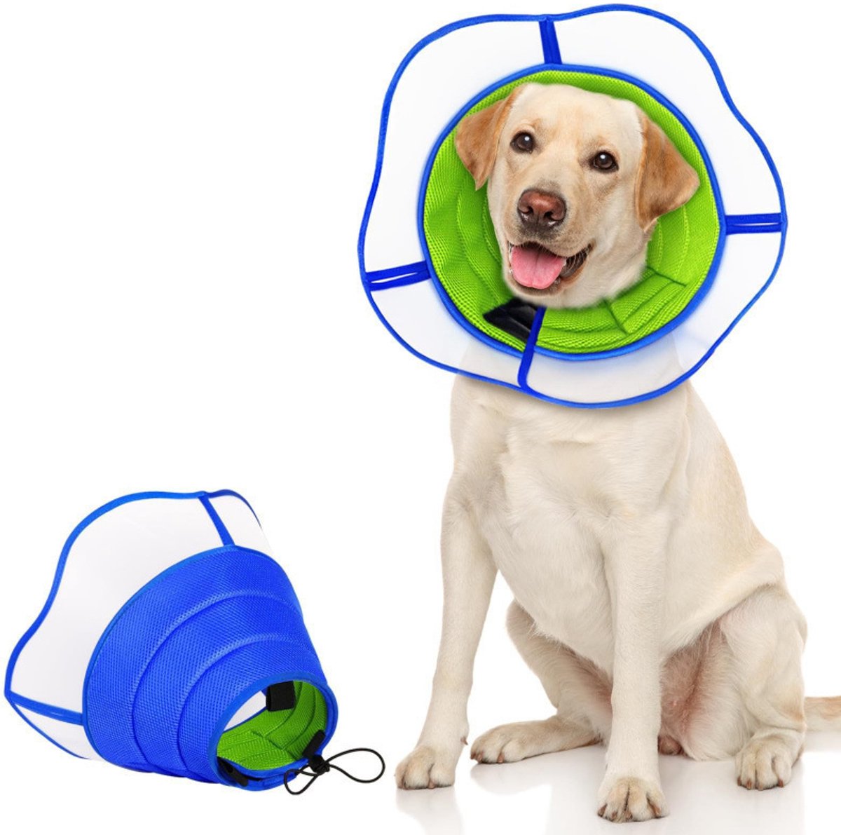 Zachte Herstelkraag voor Hond en Kat – Verstelbare Beschermkraag – Transparant – Ademend Mesh – Na Operatie en Wondverzorging – Maat L– Blauw/Groen – 1 Stuk