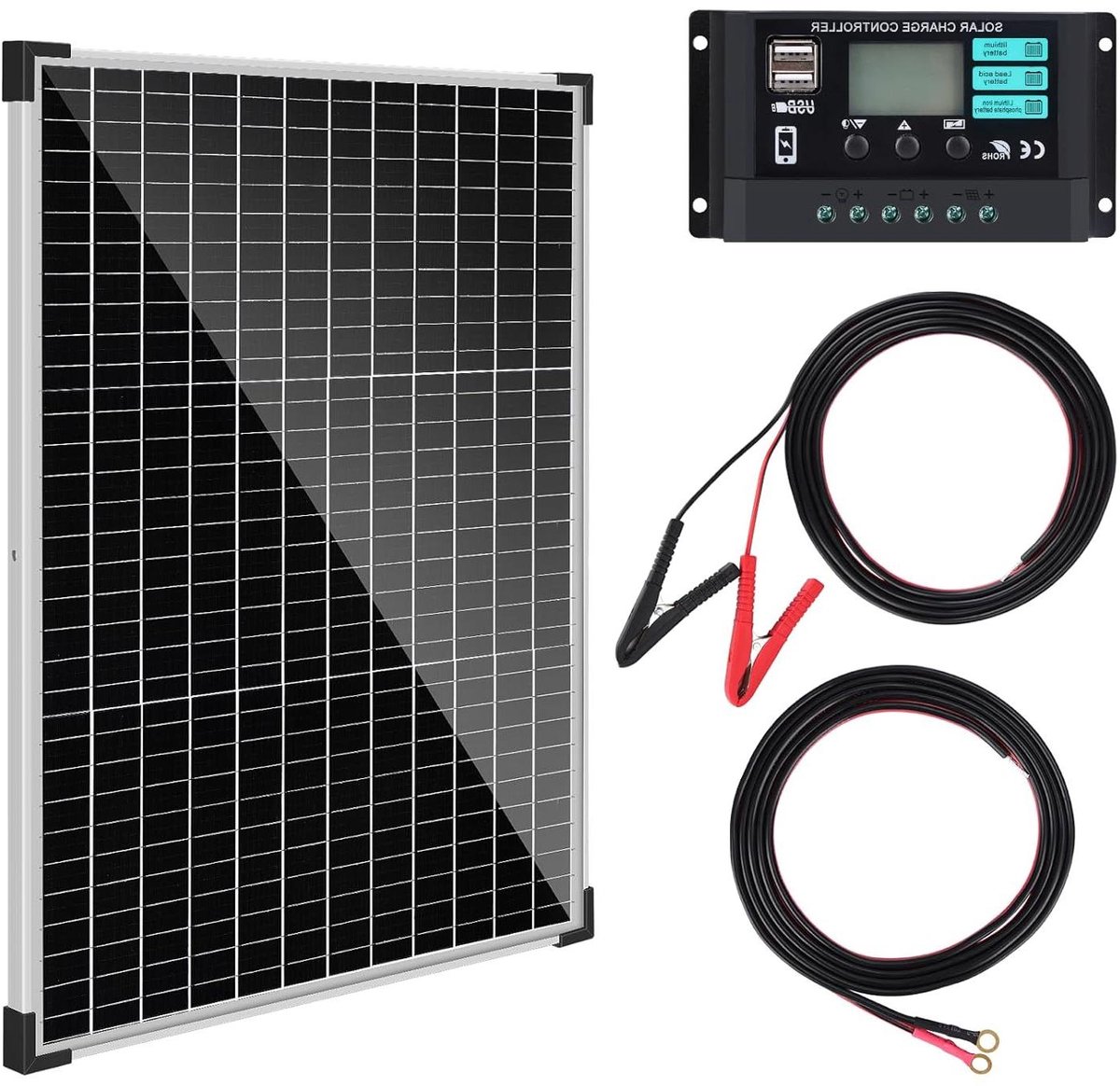 Zonnepaneel Kit - Monokristallijn Paneel Set - Energie Opwekken - Inclusief Laadregelaar - 50 Watt - Zwart