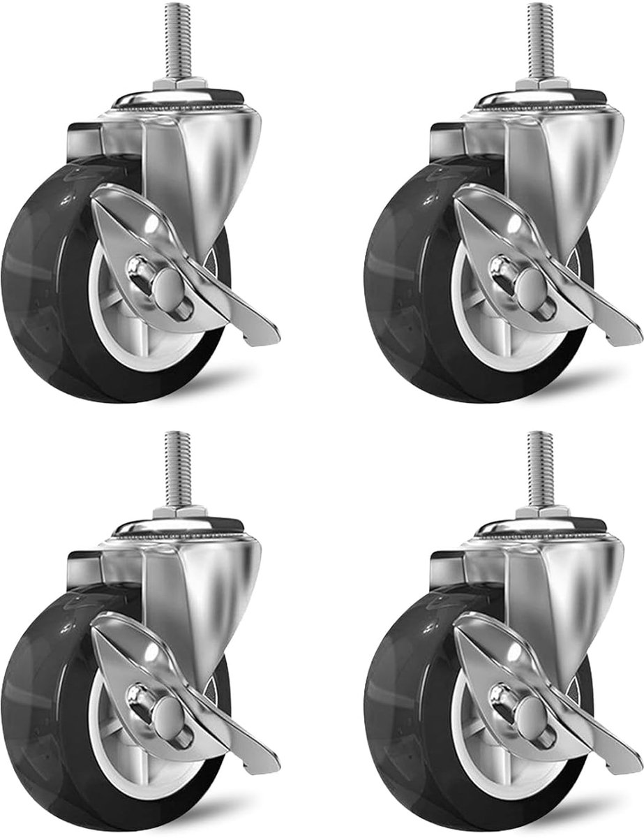 4 stuks meubelwielen met rem, M8 x 15 mm meubelwielen, kleine transportwielen, stil, antislip, geen sporen rollen voor meubels, 360° draaibaar, zware wielen voor meubels
