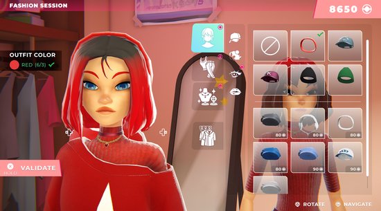 Close-up van een K-Pop-zangeres met rood haar en een rode outfit. Ze draagt een ketting en heeft blauwe ogen.