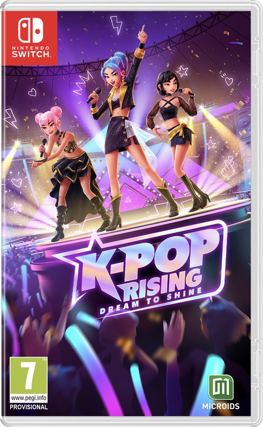 K-Pop Rising: Dream to Shine Nintendo Switch gamecover met drie zangeressen op een podium.
