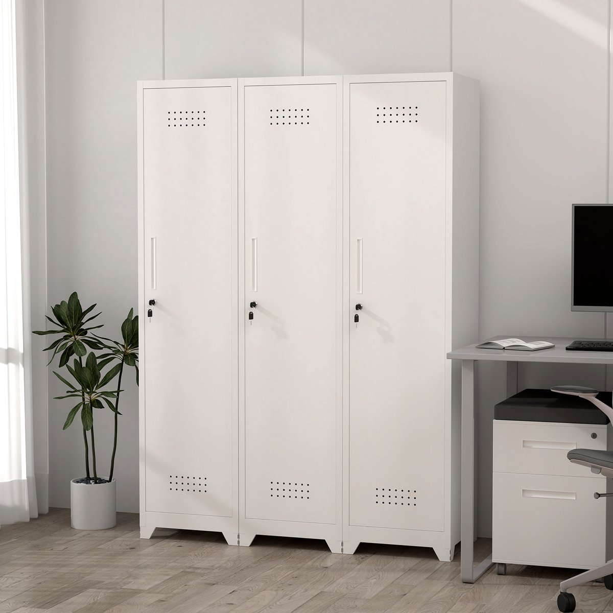 REDOM - Opbergkast - Smal ontwerp - Vrijstaand met verstelbare stangen, pegboard en 4 vakken - Kantoor - Metaal - Wit - 15,75 x 15,75 x 64,96 inch