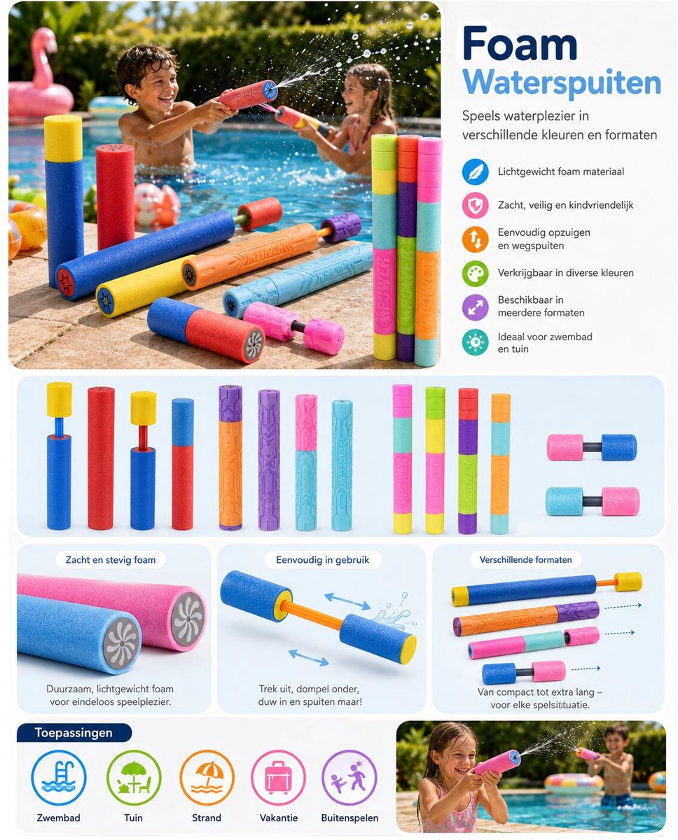 Free & Easy waterpistool spuit - 2x - foam pomp - lengte 60 cm - buiten speelgoed - water spuiten - spuiters