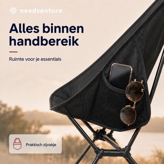 needventure® Campingstoel - Visstoel - Vouwstoel - Opvouwbaar - Inklapbaar - Lichtgewicht - Hoge Neksteun - Zwart — afbeelding 5