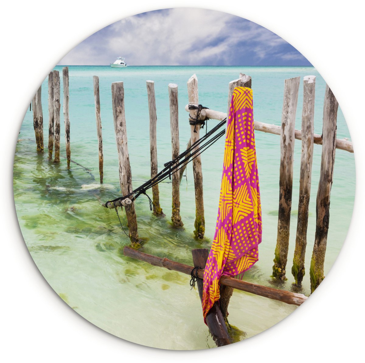 WallCircle® Wandcirkel 120x120 cm - Muurcirkel Houten palen in Caribische Zee op het eilan