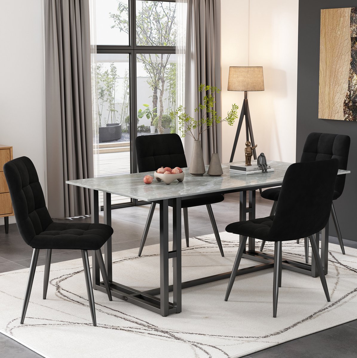 DESMIU Eetkamerstoel 44 X 41 X 86 Cm - Set Van 4 Met Ergonomische Rugleuning En Zachte Velvet Bekleding - Voor Eetkamer En Keuken - Metaal Zwart