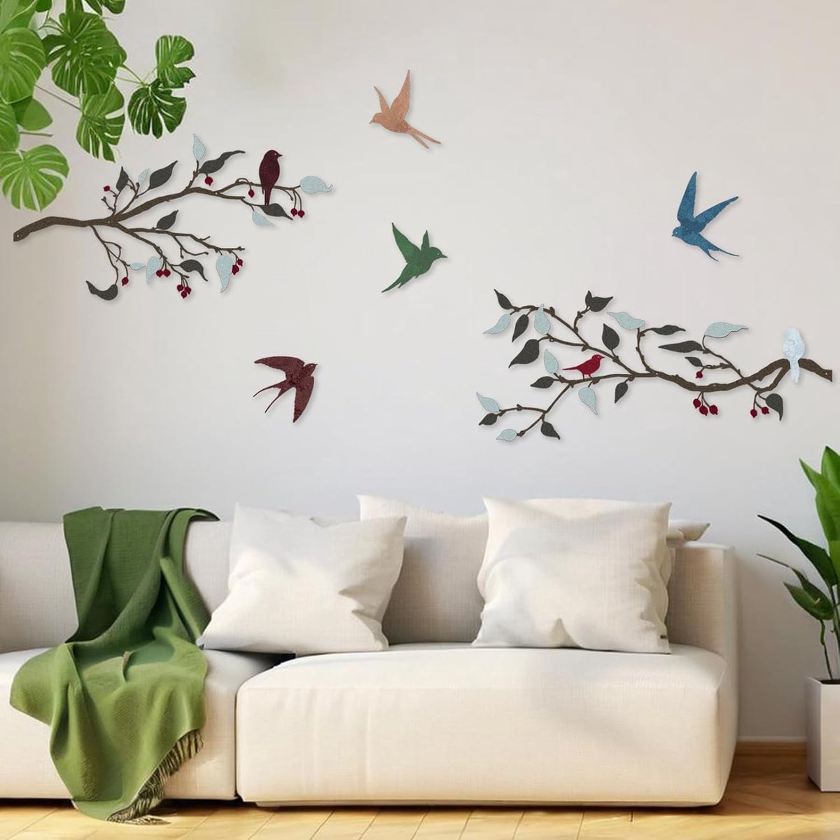 Vogel Wanddecoratie Set Veelkleurige vogelkunstdecoratie Levendige Metalen Vogels op Tak Muur Hangdecoratie voor Home Woonkamer Tuin Balkon Binnen Buiten Ornam | Vogel op tak, hangende bladeren, voor binnen en buiten, voor huis en tuin