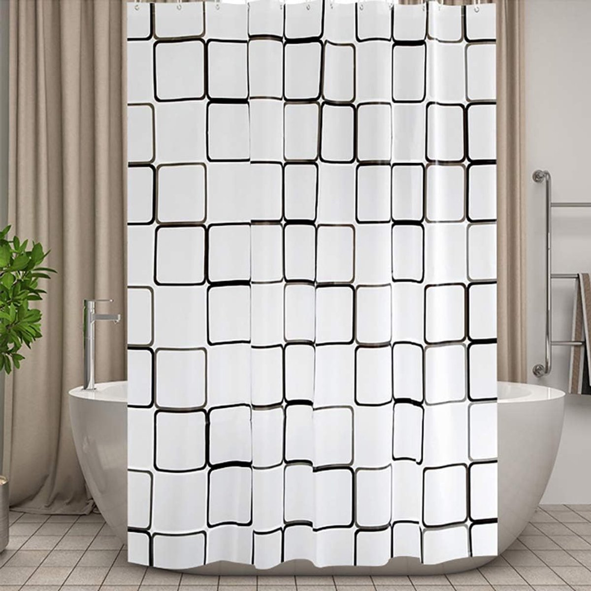 Douchegordijnen Schimmelbestendig 180 200 220 240 cm, 200x240 cm, Extra Lange Badkamer Gordijnen 240 Druppel Zwart en Wit, Waterdichte Grote PEVA Badkamer Gordijnen, 12 Hakjes