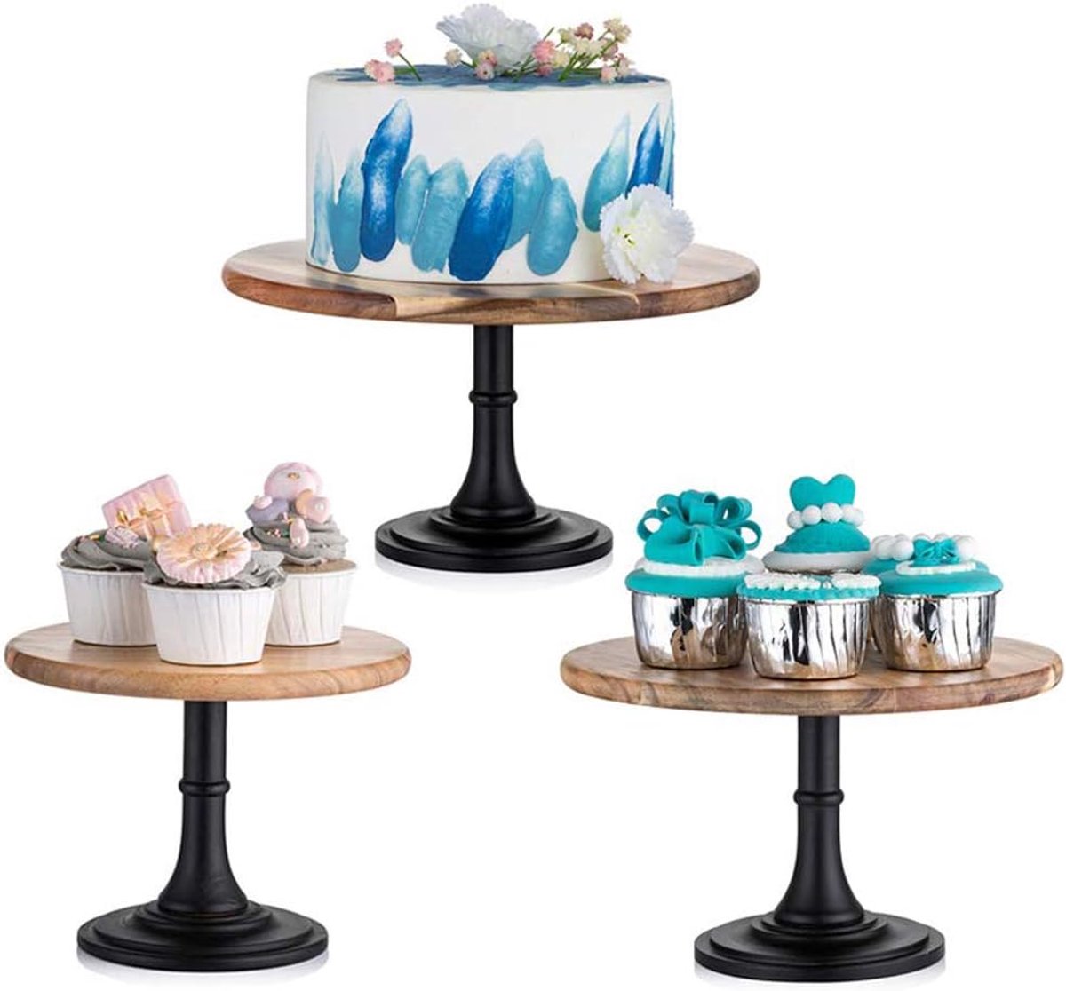 Houten Taartstandaard Set: Rustieke Displaystandaard Taarten Bruiloft Dessert Display Plaat Voetstuk Houten Taartstandaard voor Verjaardag Baby Shower, Set van 3
