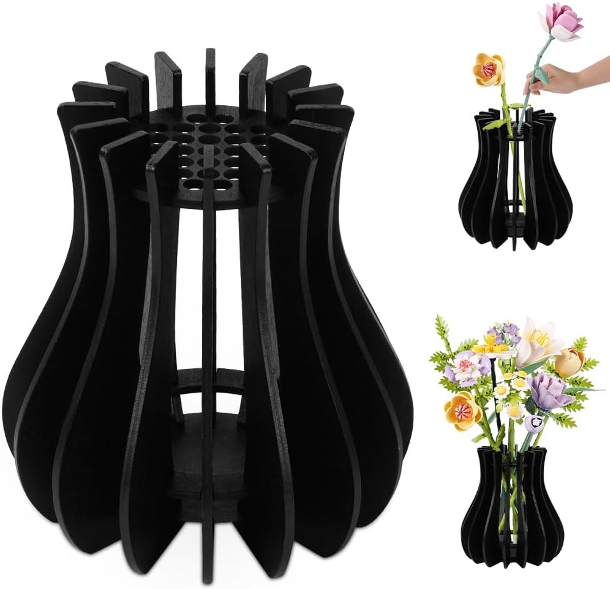 Puzzel Bloemenvaas, Puzzel Houten Vaas Set Geschikt voor Bloemenboeketten, 3D houten puzzelvaas voor Lego Rozen, Kersenbloesems, Tulpen, Zonnebloemen, Narcissen, Woondecoratie - zwar
