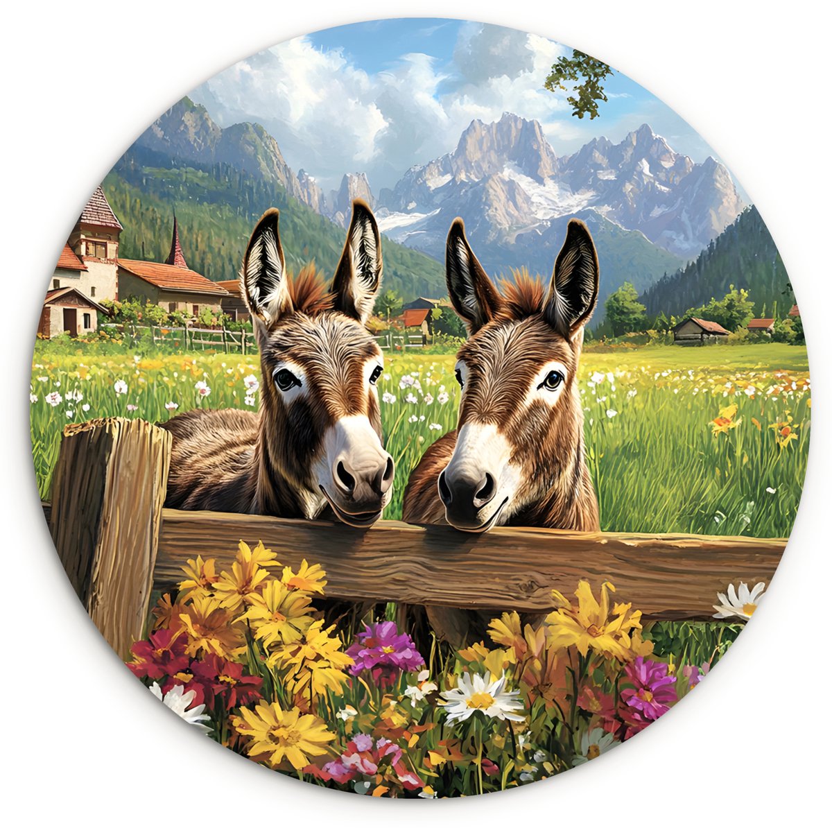 WallCircle® Wandcirkel 120x120 cm - Muurcirkel Ezels - Bloemen - Zomers - Muurdecoratie woonkamer - Wanddecoratie slaapkamer - Kamer decoratie accessoires - Ronde schilderijen XXL