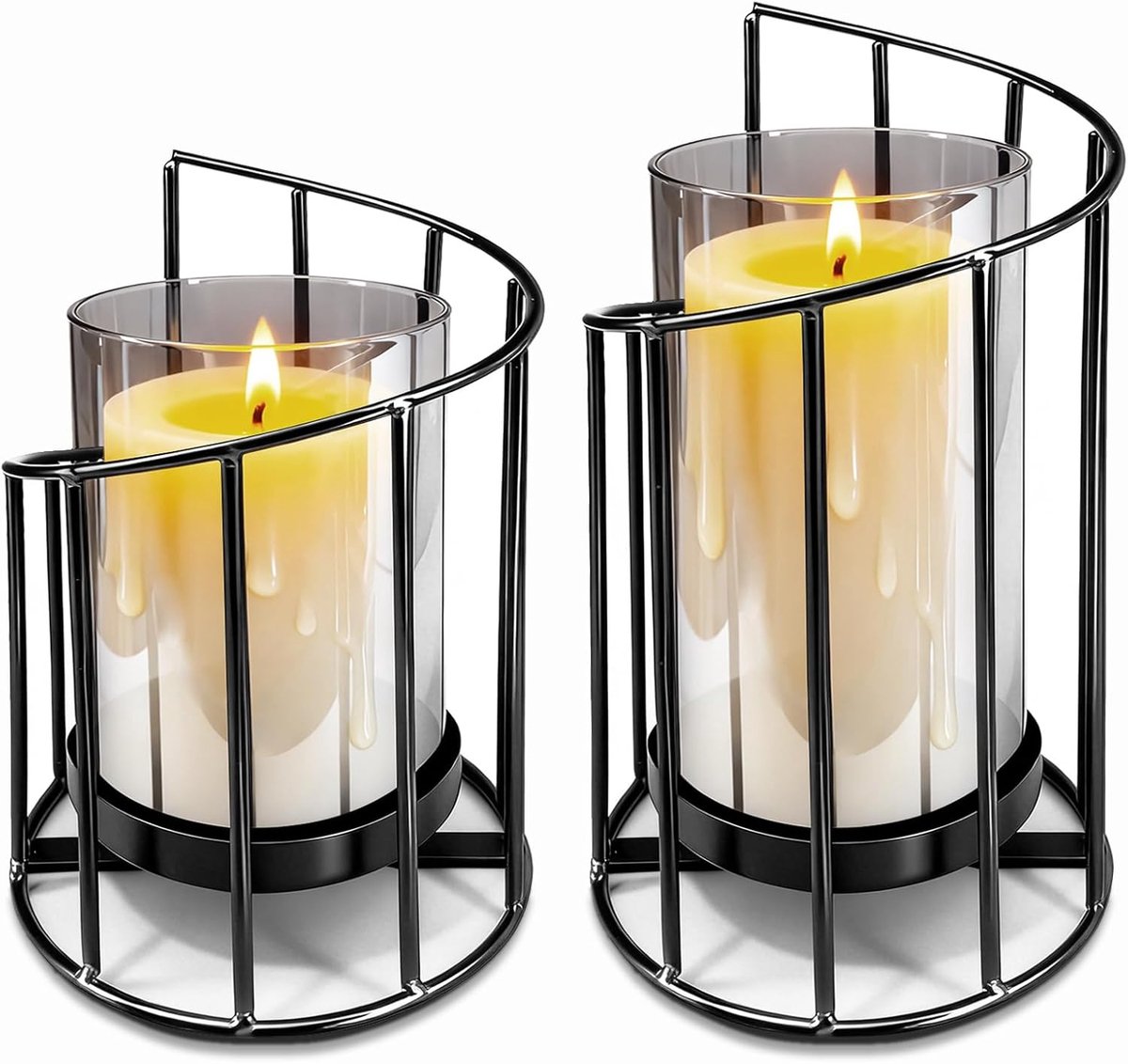 2 stuks kandelaars metaal windlicht, kandelaars van glas glazen cilinder met metalen bodem voor tafeldecoraties binnen en buiten (zwart)