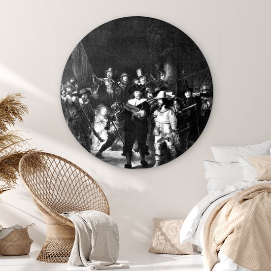 WallCircle® Wandcirkel 150x150 cm - Muurcirkel De Nachtwacht - Schilderij van Rembrandt van Rijn - zwart wit - Muurdecoratie woonkamer - Wanddecoratie slaapkamer - Kamer decoratie accessoires - Ronde schilderijen