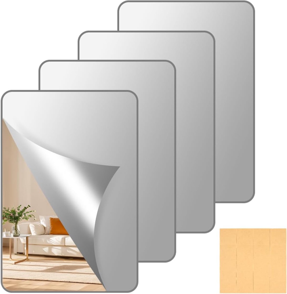4 stuks spiegeltegels, zelfklevend, 20 x 30 cm, acryl zelfklevende spiegel, zelfklevende spiegel voor muur, flexibele zelfklevende spiegel om op te plakken, voor wanddecoratie, badkamer, slaapkamer