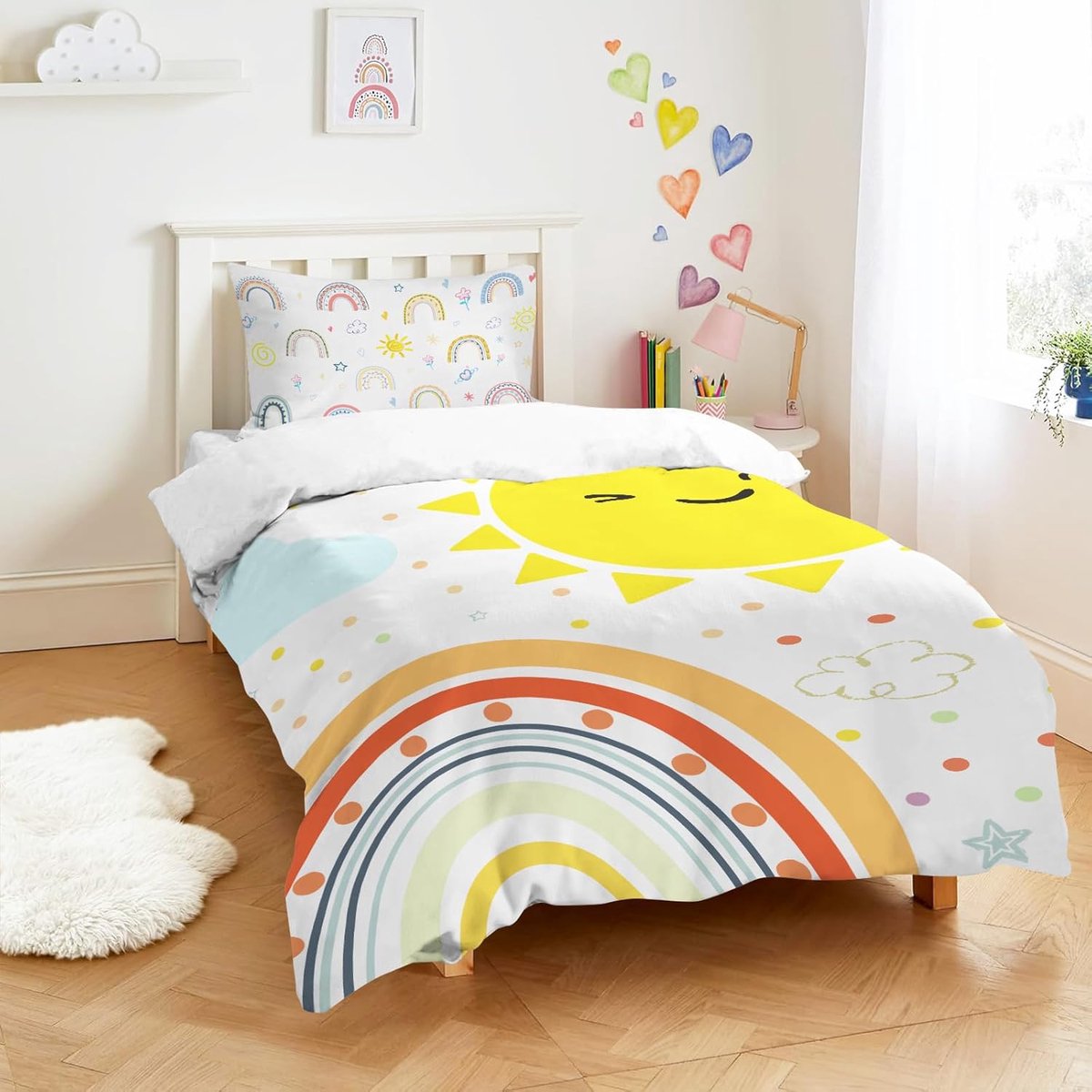 Regenboogbeddengoed, 120 x 150 cm, kleurrijk beddengoed, tieners, meisjes, met regenboog, zon, wolk, golven, stippen, voor kinderen, meisjes/jongens, microvezel dekbedovertrek 120 x 150 cm en