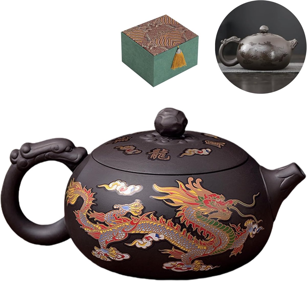 Zisha theepot 450 ml, Chinese kleurveranderende theepotten klei met geschenkdoos, grote Kung Fu paarse kleiketel handgemaakt, draak en feniks