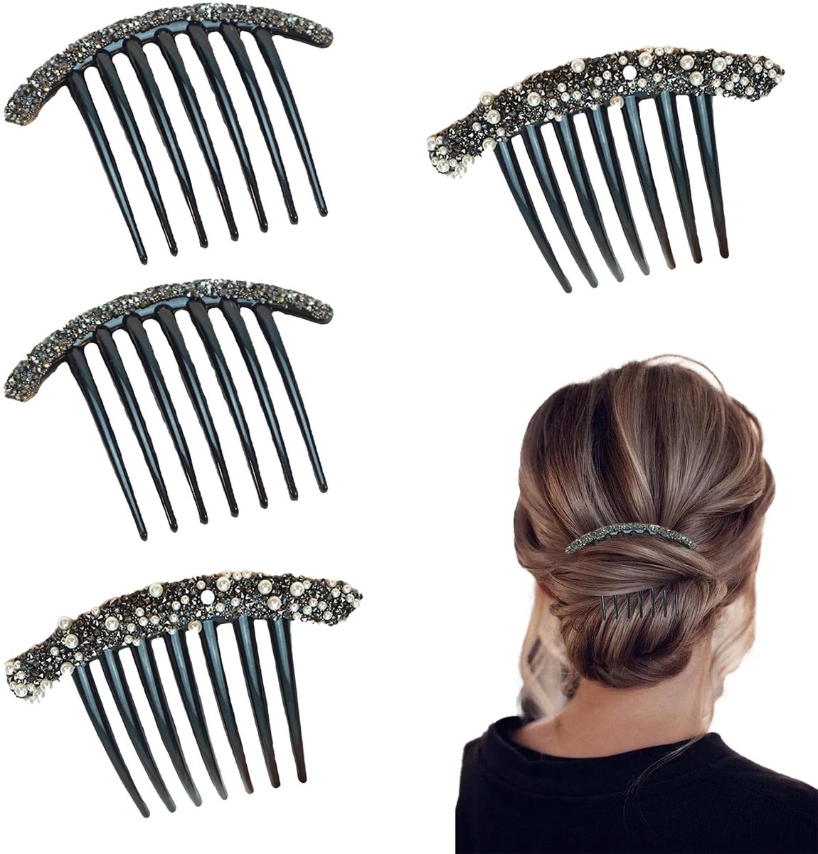 Dailygoods- Steekkam Set van 4 - Kunststof Haarkammen - Insteekkam met 7 Tanden - Haarklem Klein met Diamanten/Parels - Zwart - Hoogwaardige Duurzaamheid