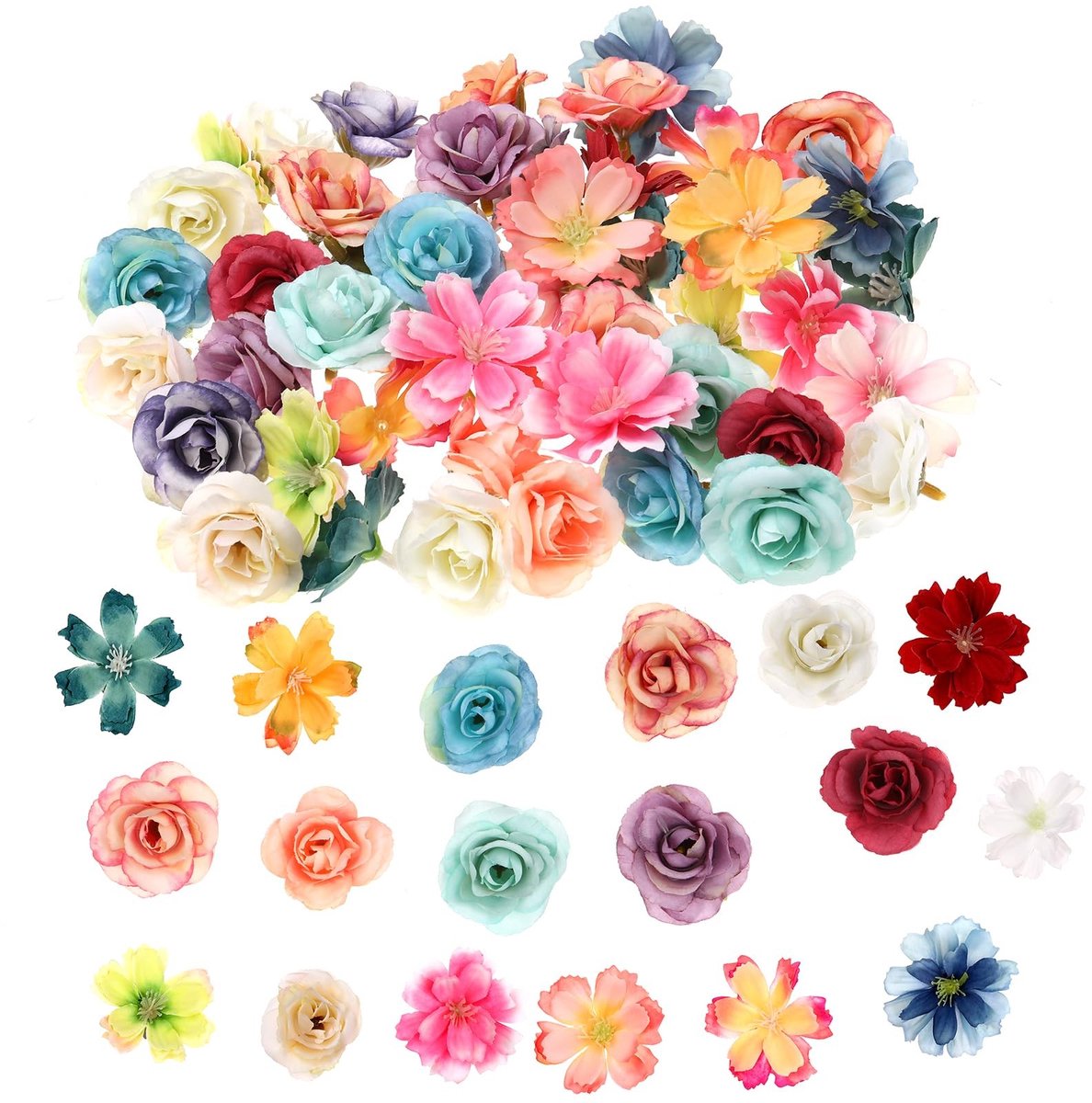 Dailygoods- Kunstbloemen Set van 50 - Mini Kunstbloemen - Veelkleurig - Polyestervezel - Bloemkoppen voor Decoratie - Creatieve Projecten - Nep Bloemen