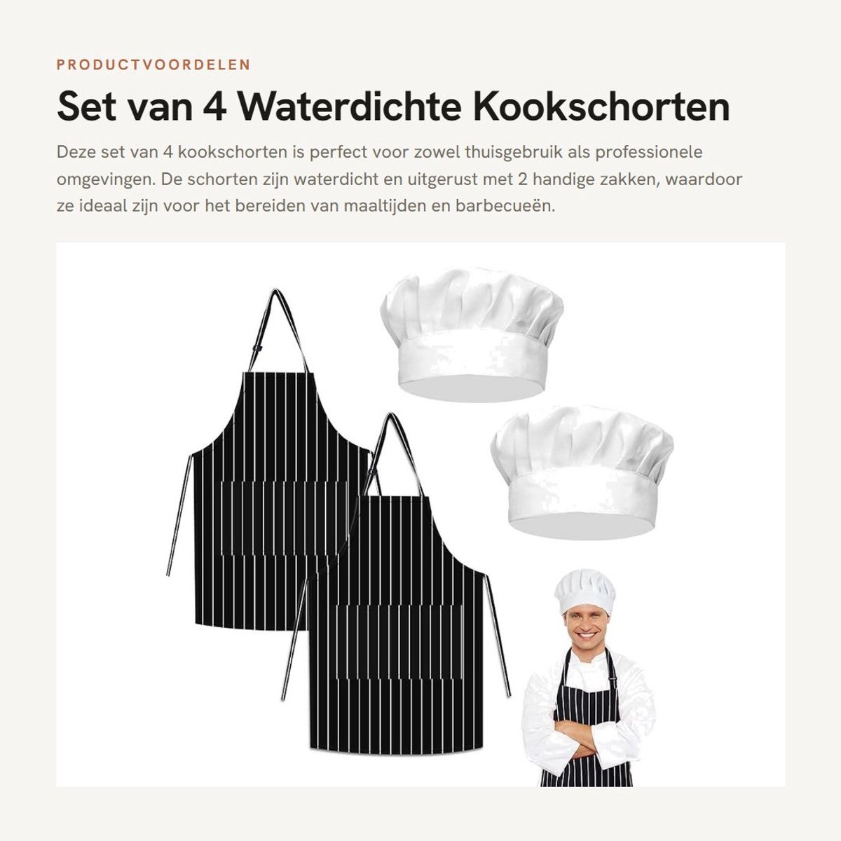 Dailygoods- Kookschorten 4 stuks - Waterdicht - Verstelbaar - Met 2 zakken - Koksmutsen - Polyester katoen - Comfortabel ontwerp - Keukenschort