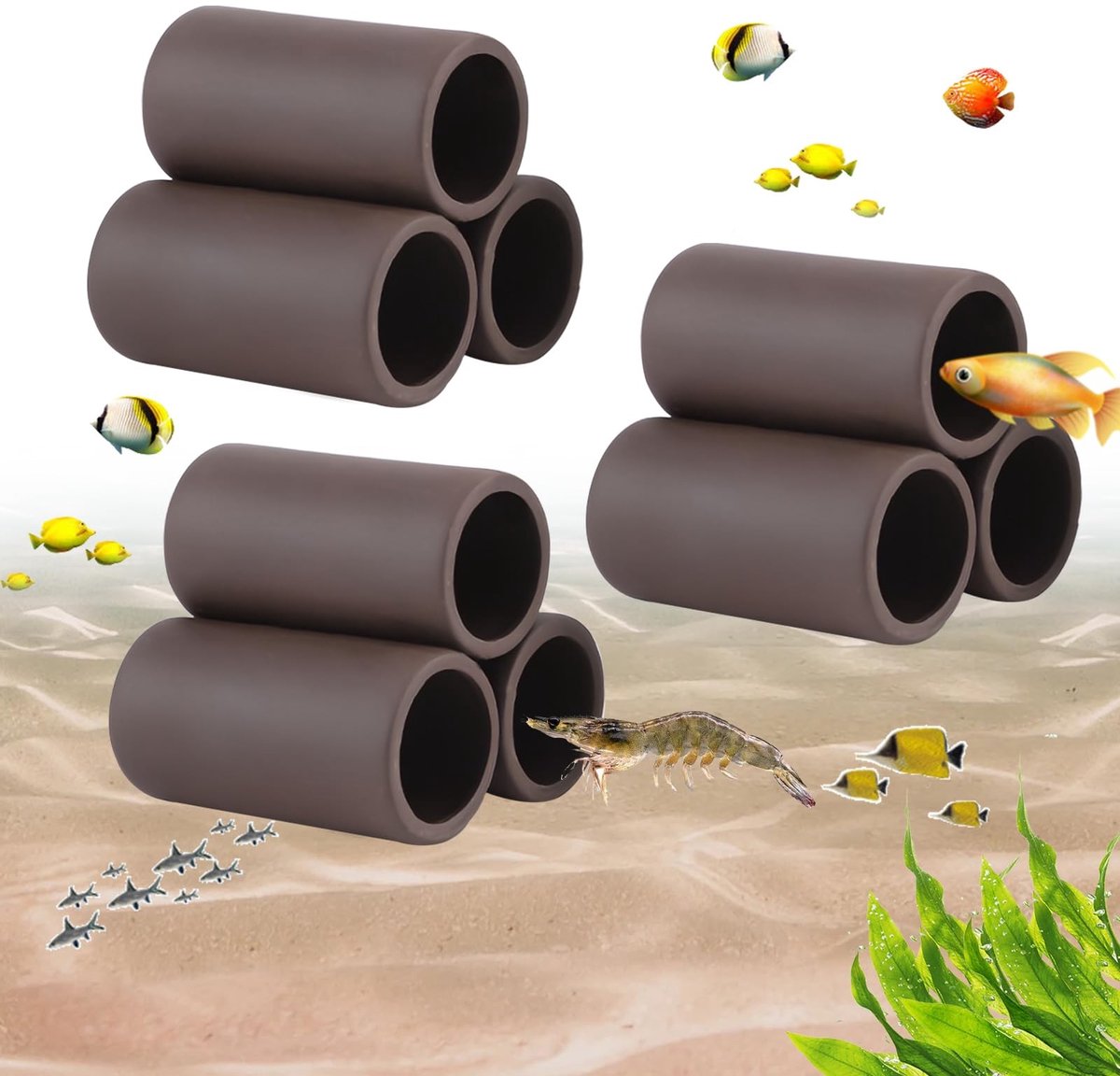 Dailygoods- Grot - 3-delige Garnalen Decoratie - Aquarium Accessoires - Keramische Opbergholte - 8,5 cm x 7 cm x 7,5 cm - Veilig en Hygiënisch - Aquariumdecoratie