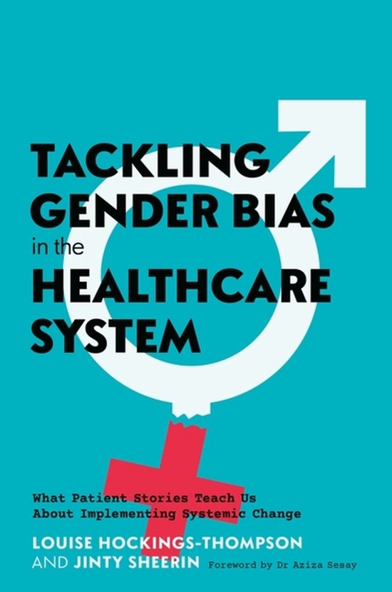Boekomslag: Tackling Gender Bias in the Healthcare System. Blauw met witte en rode symbolen.