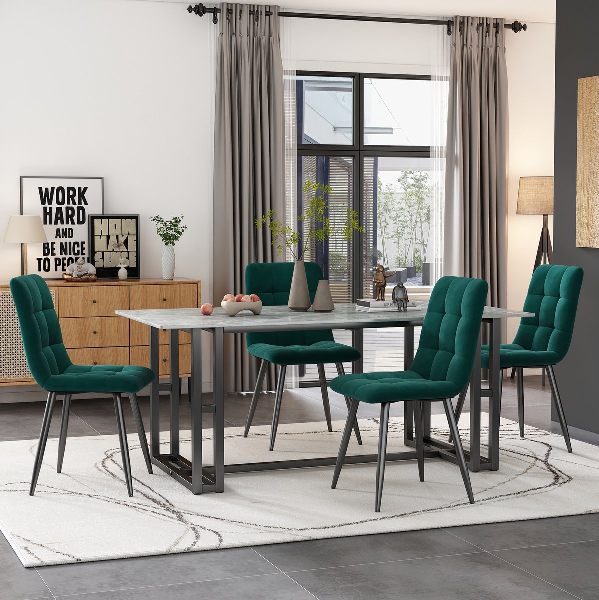 DESMIU Eetkamerstoel 44 X 41 X 86 Cm Set Van 4 Donkergroen Velvet Met Gestikt Patroon Metalen Onderstel Voor Eetkamer En Keuken