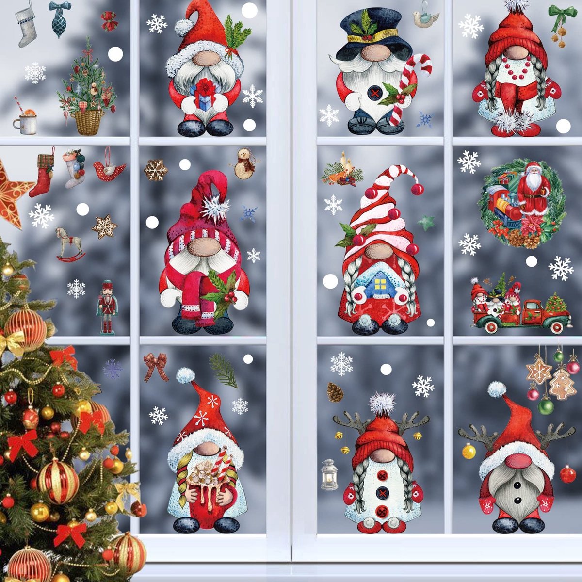 Dailygoods- Raamstickers Kerst - Herbruikbare PVC Decoratie - Sneeuwvlokken - Kerstman - Dwerghuisje - Geschikt voor gladde oppervlakken - Raamdecoratie