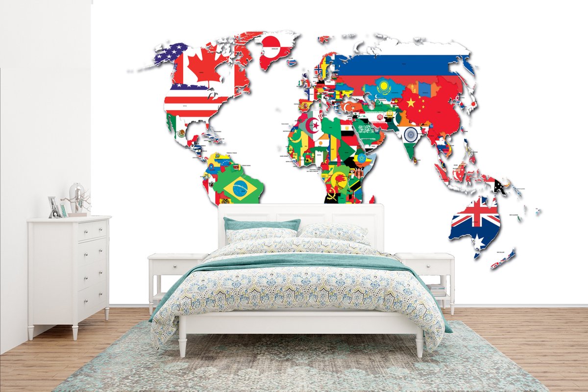 Behang - Fotobehang Wereldkaart - Vlaggen - Trendy - Breedte 435 cm x hoogte 260 cm