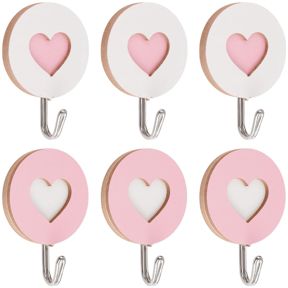 Dailygoods- Haken - Houten dubbele hartvormige haak - 5 stuks - Zelfklevende haken - Sleutelhouder - Wanddecoratie - Milieuvriendelijk materiaal - Wandhaak