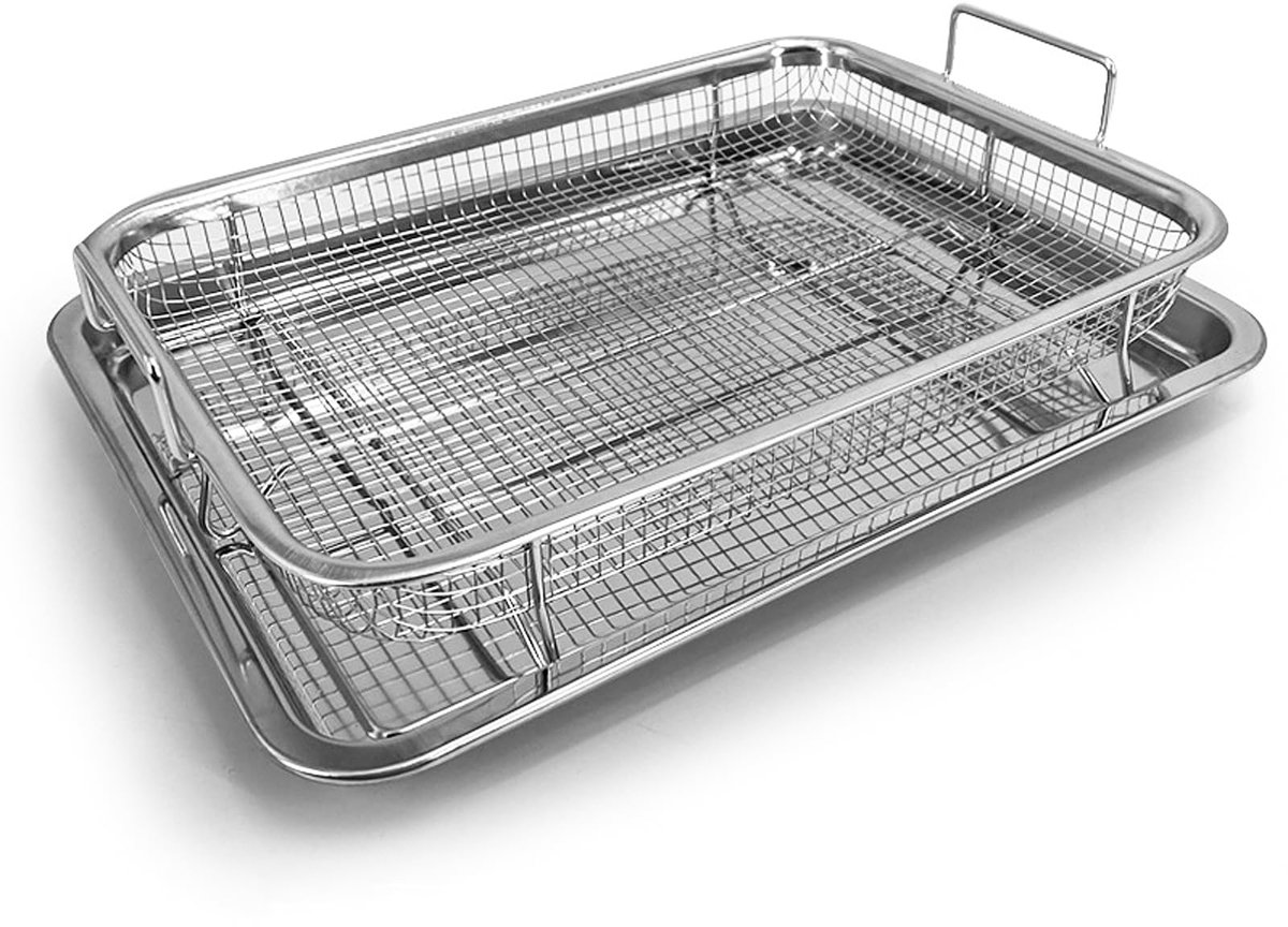 Crisper Tray-Air Fryer Pan Mesh Mand Set Antiaanbaklaag Oven Bakplaat voor het bakken van knapperige kip keuken koken gereedschap (roestvrij staal)