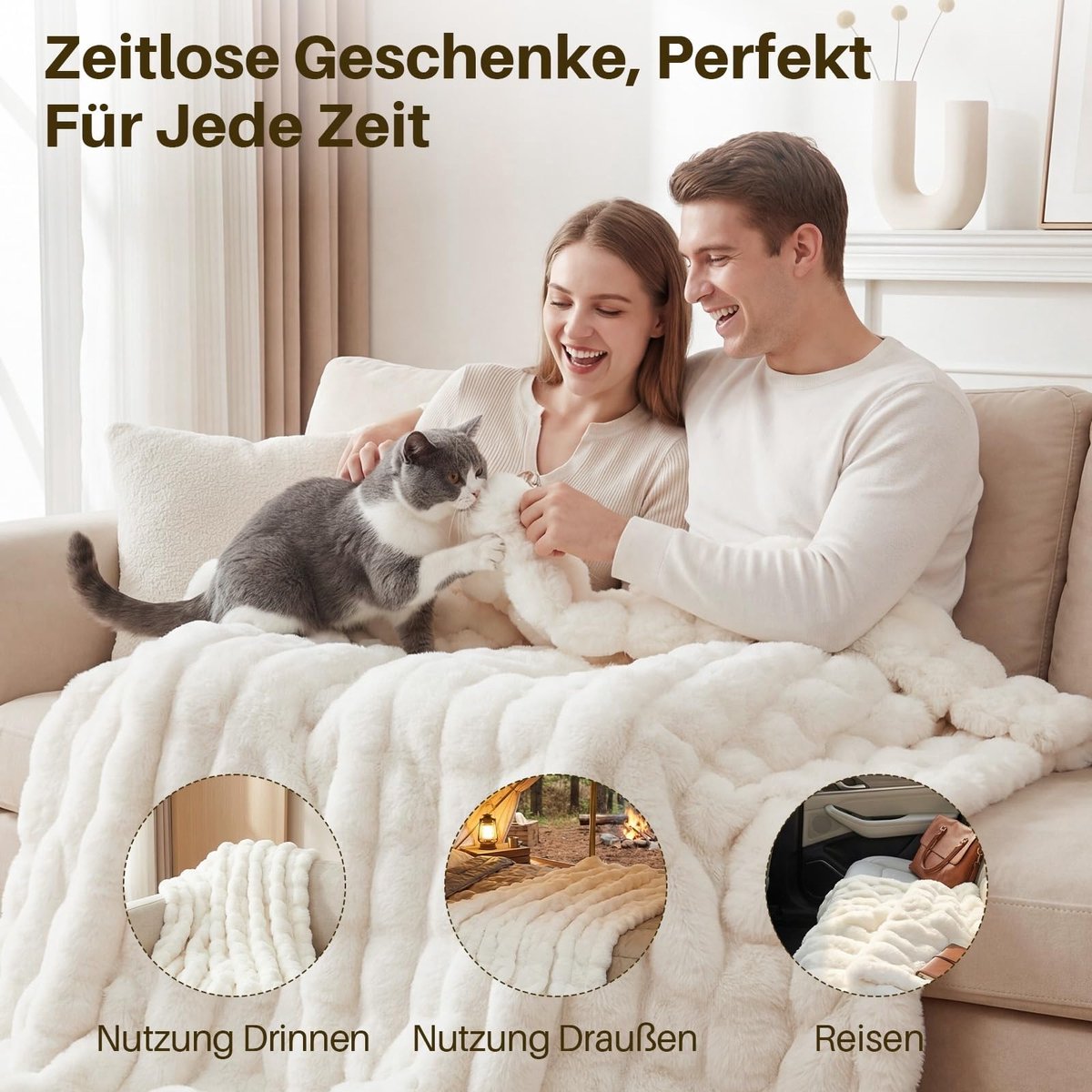 Zachte warme konijnenpluche fleecedekens, dik 1000 g/m², plaids voor bank, grote pluizige veelzijdige deken, beddengoed voor slaapkamer, bank, reizen, kinderen, kamperen (wit, 160 x 200 cm)