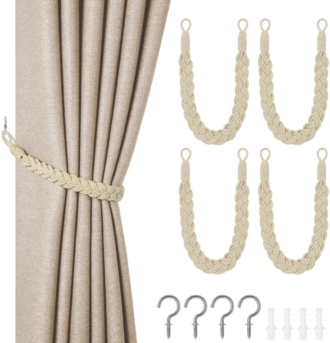 Natuurlijk katoenen touw gordijnbinders, 4 stuks handbreigordijnen, gebonden touw, elegante boho-stijl decoratieve draperie stropdas zacht touw gordijn houders met metalen haak voor thuis en