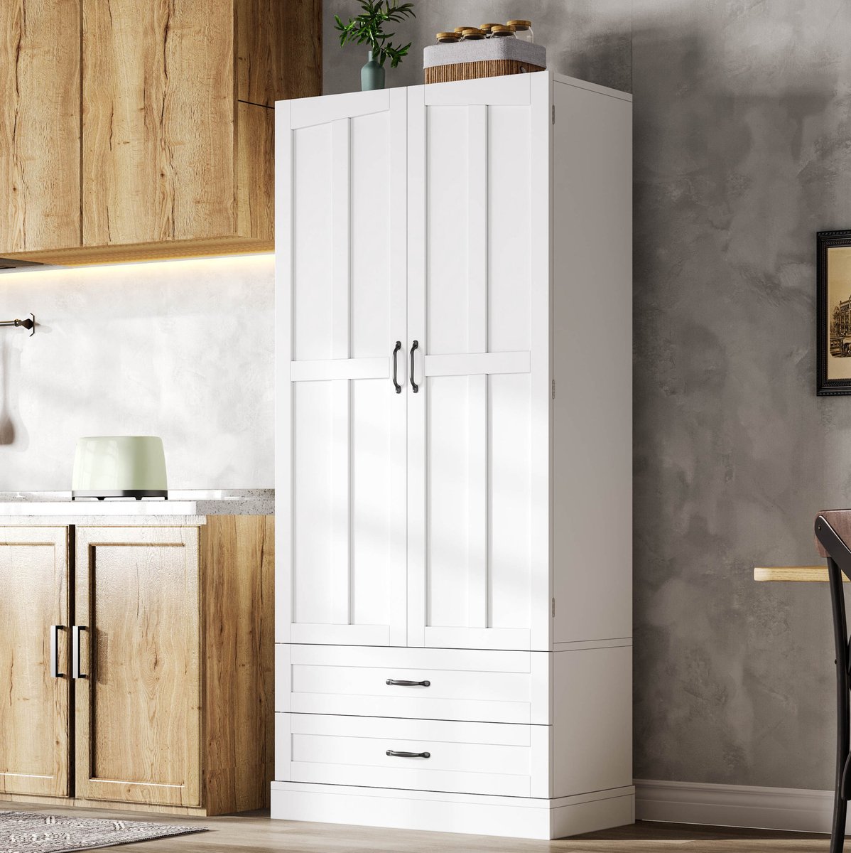 STILVORA Keukenkast - Hoge Opbergkast Met 3 Uittrekbare Planken En 2 Lades - Voor Keuken En Eetkamer - MDF - 80x38x180 Cm - Wit
