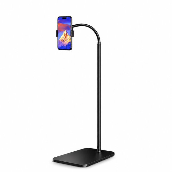 Zwarte telefoonstandaard met flexibele arm en telefoonhouder.