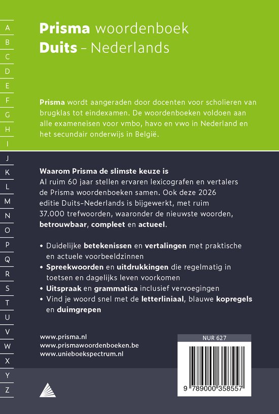 Prisma woordenboek Duits-Nederlands met 37.000 trefwoorden.