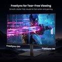 Monitor vergelijkt FreeSync aan en uit, met een futuristische krijger, om ghosting te voorkomen.
