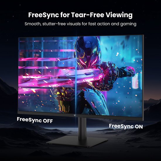 Monitor vergelijkt FreeSync aan en uit, met een futuristische krijger, om ghosting te voorkomen.