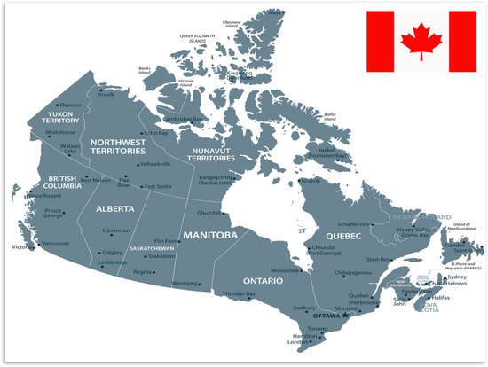 Poster 120x90 cm - Illustratie van Canada in het grijs met de vlag - Posters - Kamer decoratie - Wanddecoratie woonkamer - Muurdecoratie slaapkamer