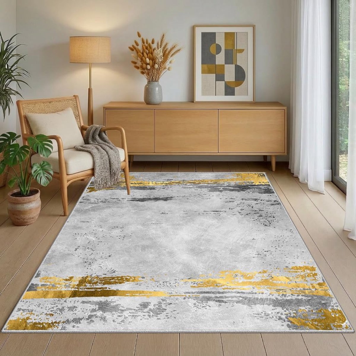 tapijten Woonkamer 140x200cm Moderne abstracte tapijten Ultradun Anti-slip Grijs en Goud met Wit voor Slaapkamer Appartement Hal Keuken Wasruimte Utiliteit Naast Bank Kantoor