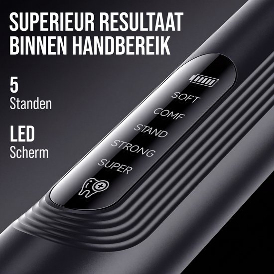 Close-up van Senzo elektrische tandsteenverwijderaar met LED-scherm waarop "SOFT", "COMF", "STAND", "STRONG", "SUPER" wordt weergegeven.