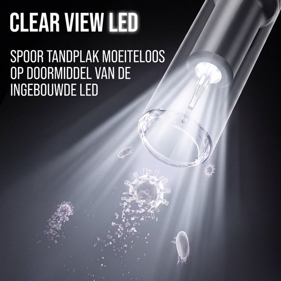 Tandsteenverwijderaar met "Clear View LED" die tandplak zichtbaar maakt door ingebouwd licht, toont bacteriën.