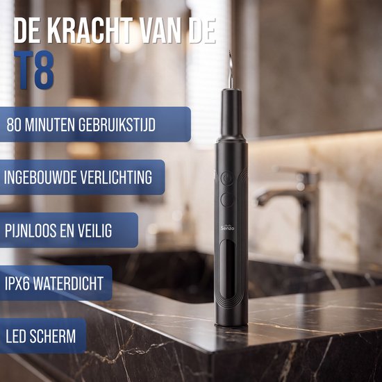 Senzo T8 elektrische tandsteenverwijderaar, zwart, met "80 minuten gebruiksduur", "Ingebouwde verlichting" en "IPX6 waterdicht".