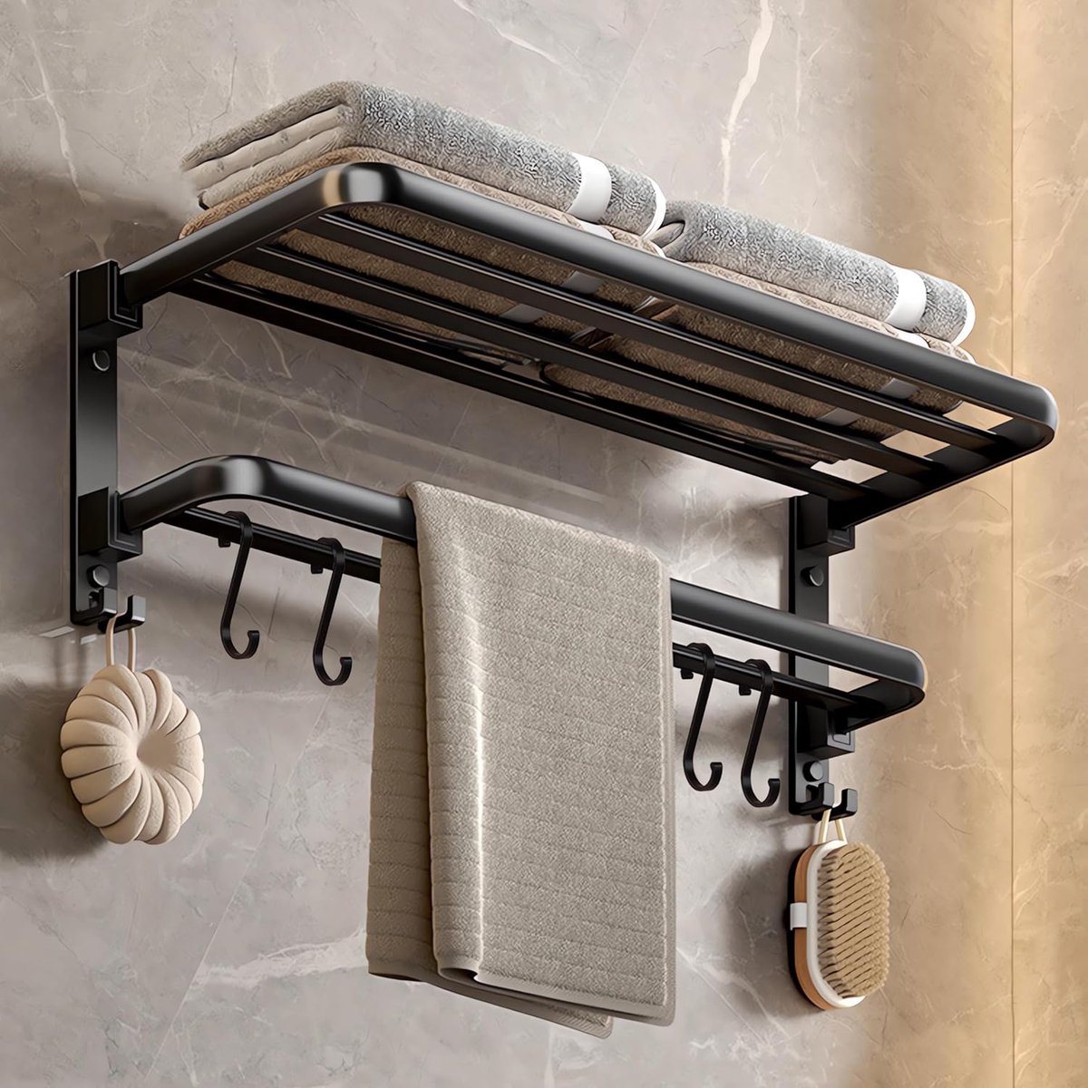 Handdoekrek zonder boren,BadHanddoekhouder zwart mat,Douche handdoekstang wandmontage, Dubbele 90°opklapbare handdoekrekken met 4 afneembare haken voor badkamers,Lengte ca. 60 cm,Metaal