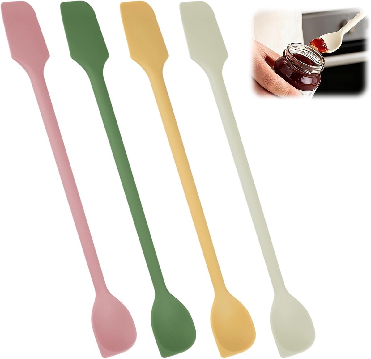 4 Stuks Mini Siliconen Spatel met Dubbele Kop, 26 x 2,8 cm Mini Spatels Siliconen, Multifunctionele Herbruikbare Mini-Spatels voor Jamflessen, Cosmeticaflessen (Geel, Groen, Roze, Wit)